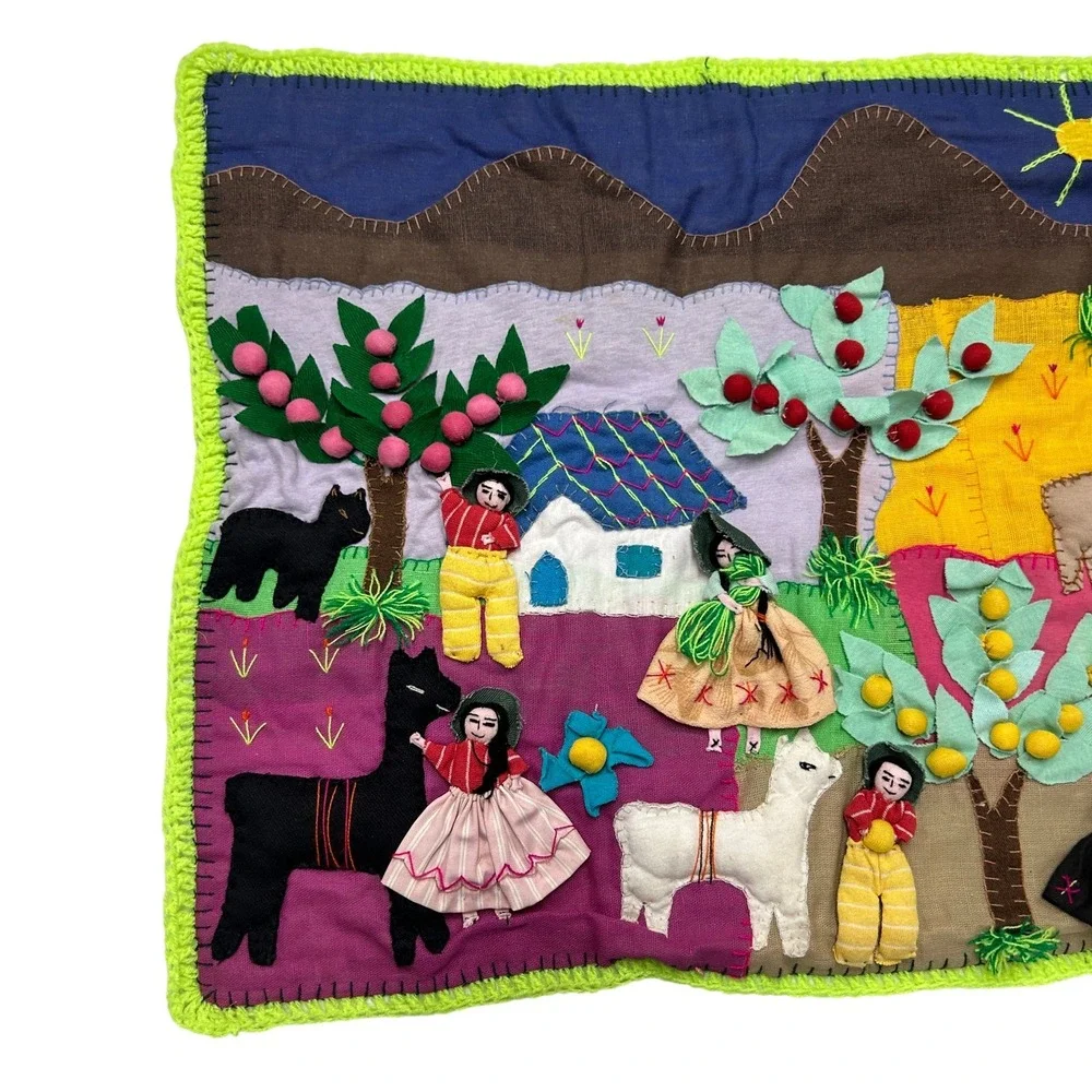 Handmade Peruvian Arpillera Folk‎ Art Wall Hanging Large Multi-Color Boho Decor
